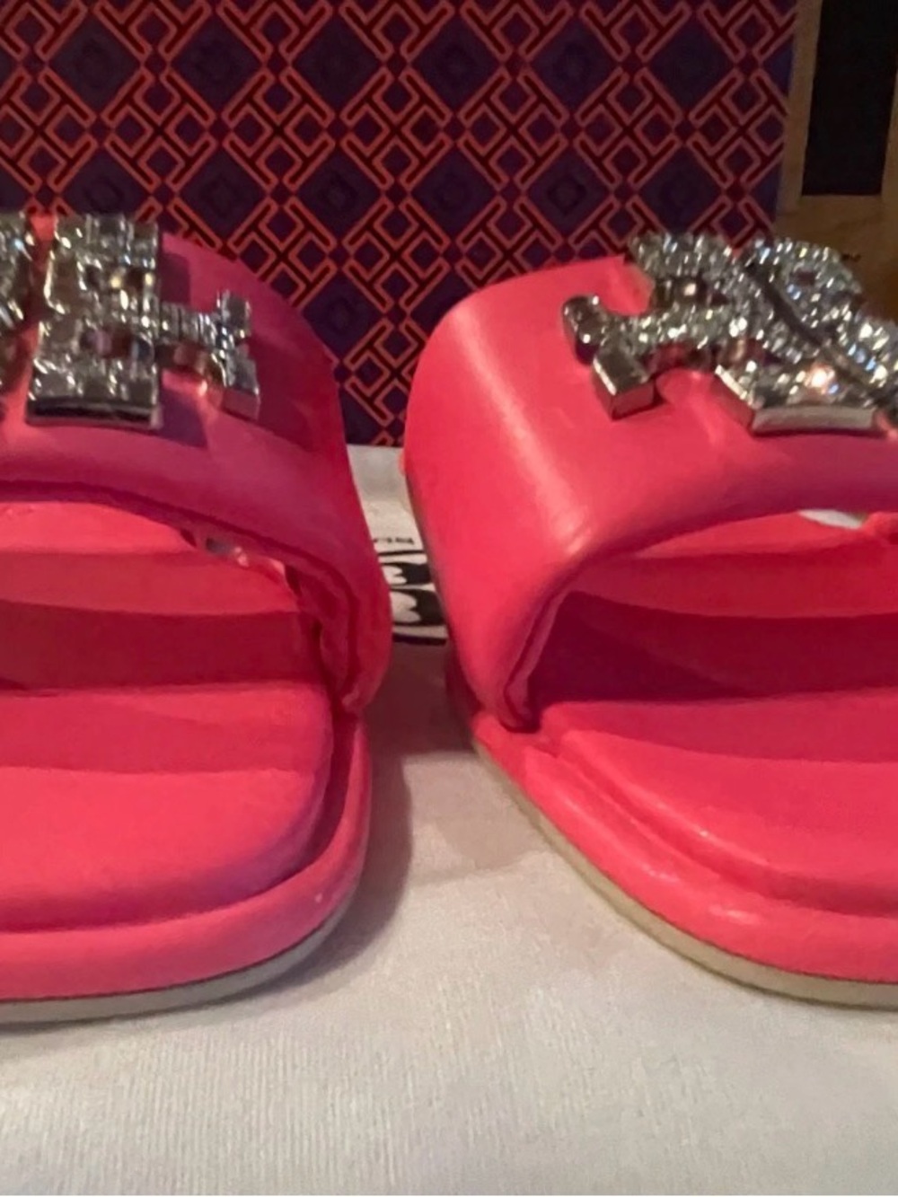 Tory Burch Neon Pink Crystal-Embellished Logo Slide Sandals text 5045474637. - Picture 2 of 7